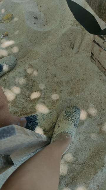 Aqua shoes covered in sand